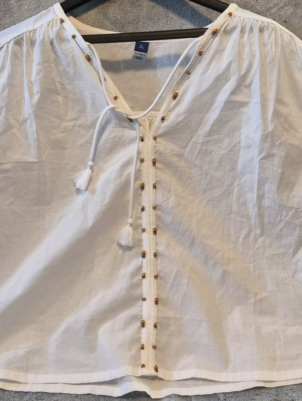 Old Navy White Cotton Tassel Peasant Blouse with Gold Bead Trim